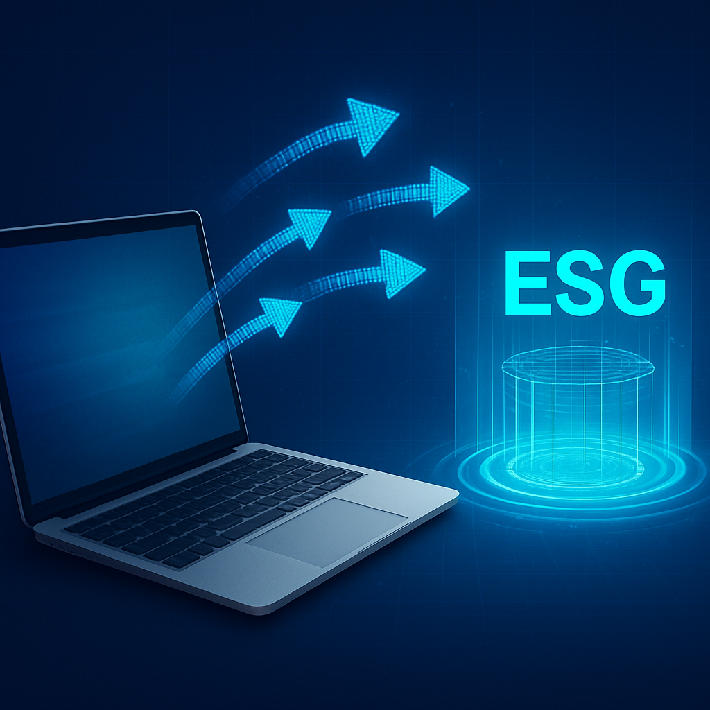 show an image that displays the transfer of data from one system to another system Show this with a macbook and a holographic of a platform in an ESG-2