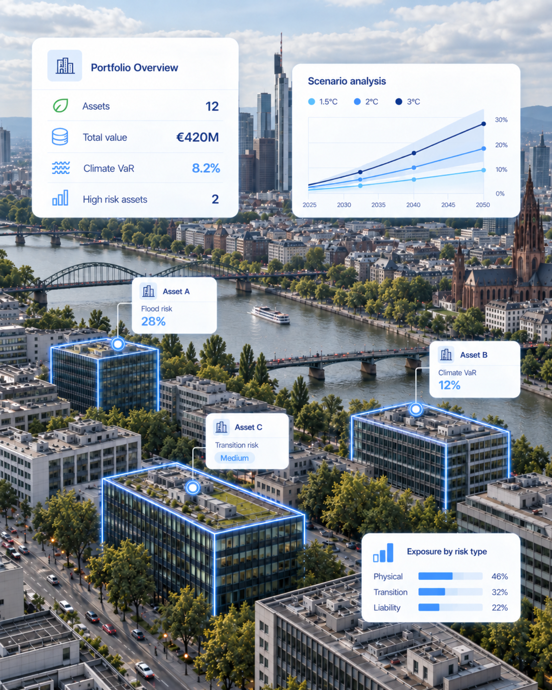 Portfolio overview for fund managers: assets, Climate VaR, scenario analysis and exposure by risk type