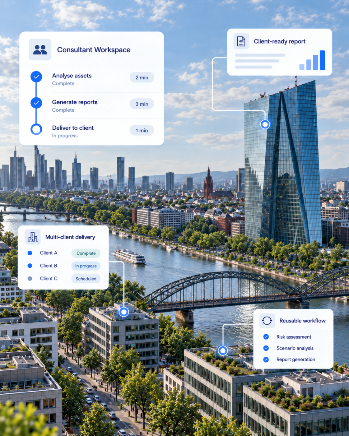 Consultant workspace: multi-client delivery, reusable workflow and client-ready reports